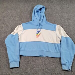 Nike Hoodie Womens Small Blue Colorblock Cropped Fleece Pullover Logo Sweatshirt